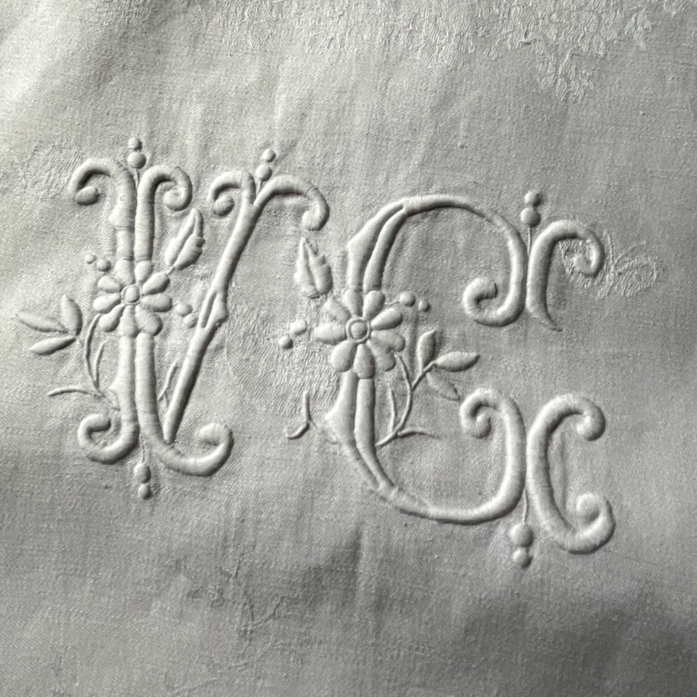 long tablecloth white linen damask table linen french antique monogrammed VC 2.9metres christmas