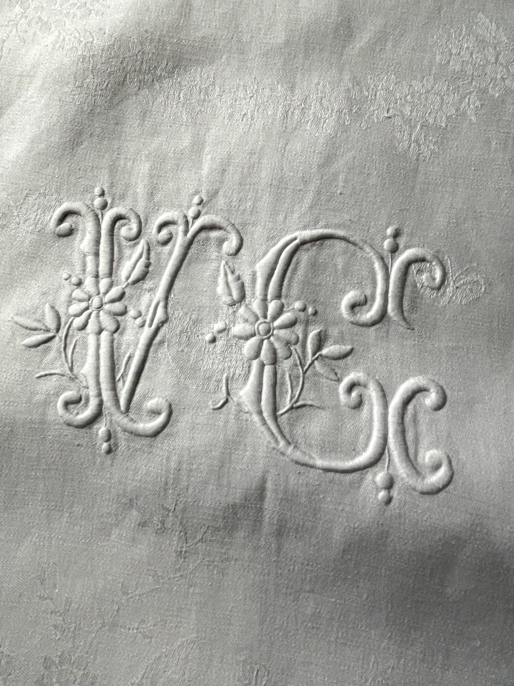 long tablecloth white linen damask table linen french antique monogrammed VC 2.9metres christmas