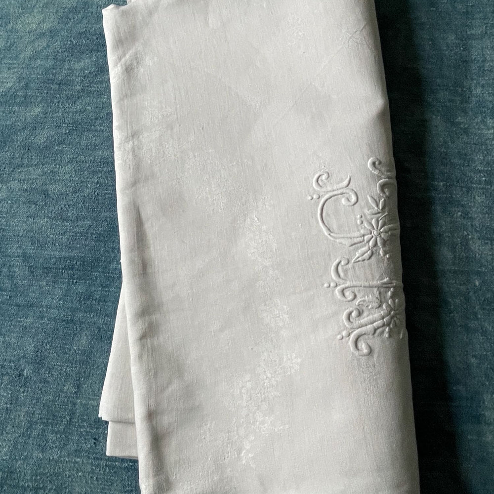 long tablecloth white linen damask table linen french antique monogrammed VC 2.9metres christmas
