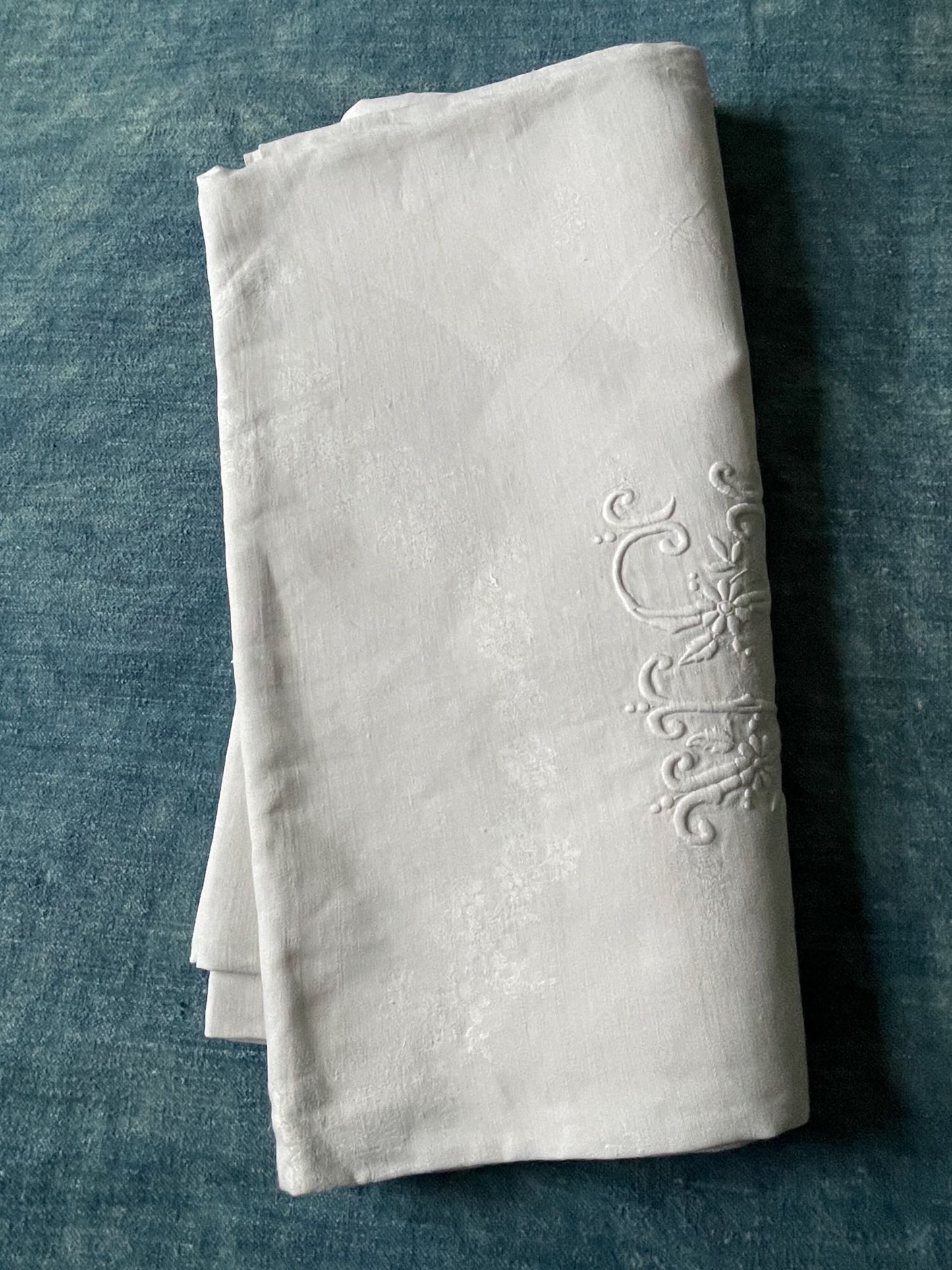 long tablecloth white linen damask table linen french antique monogrammed VC 2.9metres christmas