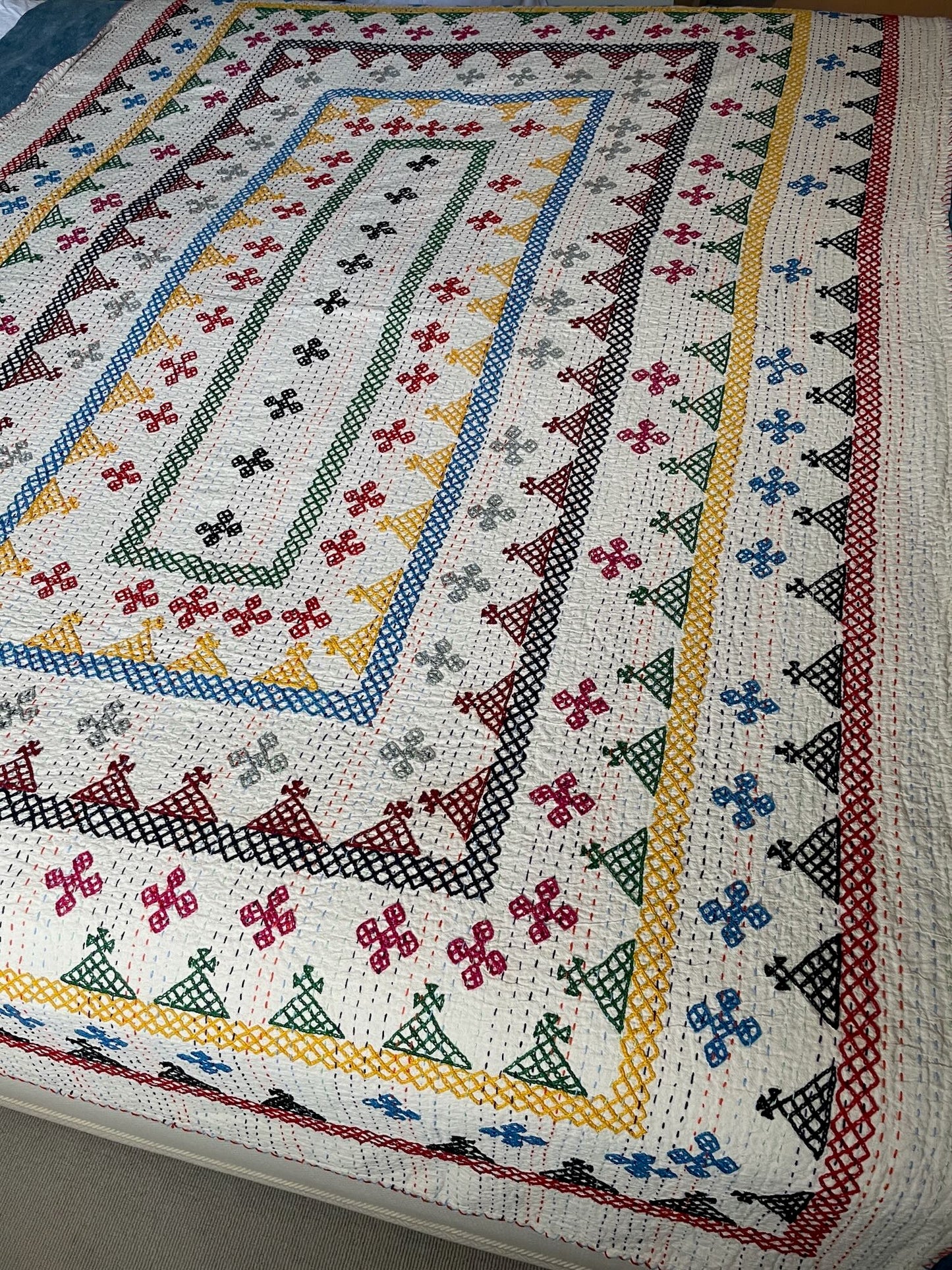 embroidered ralli kantha bedspread quilt comforter bright colours geometric single double kids