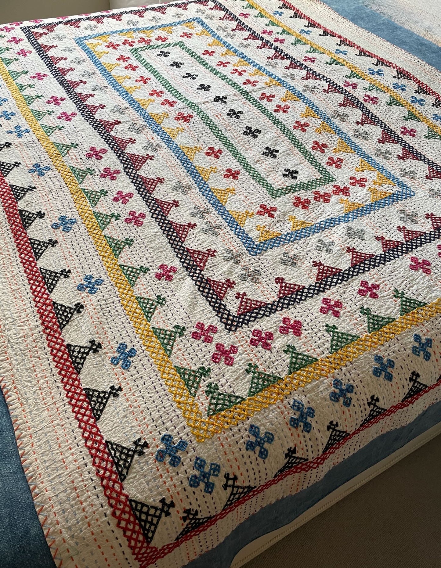 embroidered ralli kantha bedspread quilt comforter bright colours geometric single double kids