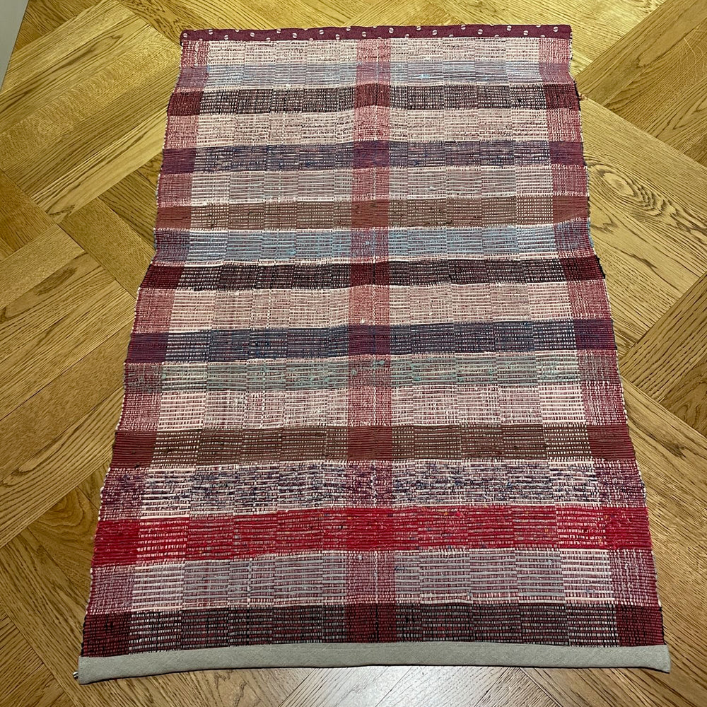 red blue brown check stripe cotton rag rug floor runner washable small bath mat kitchen  rustic