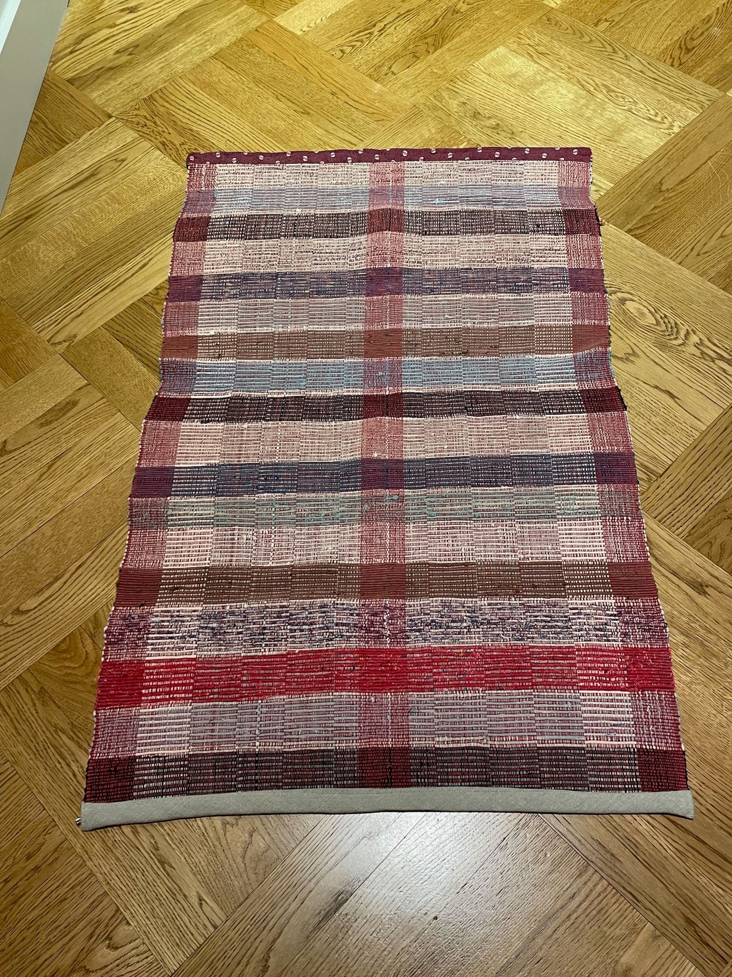 red blue brown check stripe cotton rag rug floor runner washable small bath mat kitchen  rustic