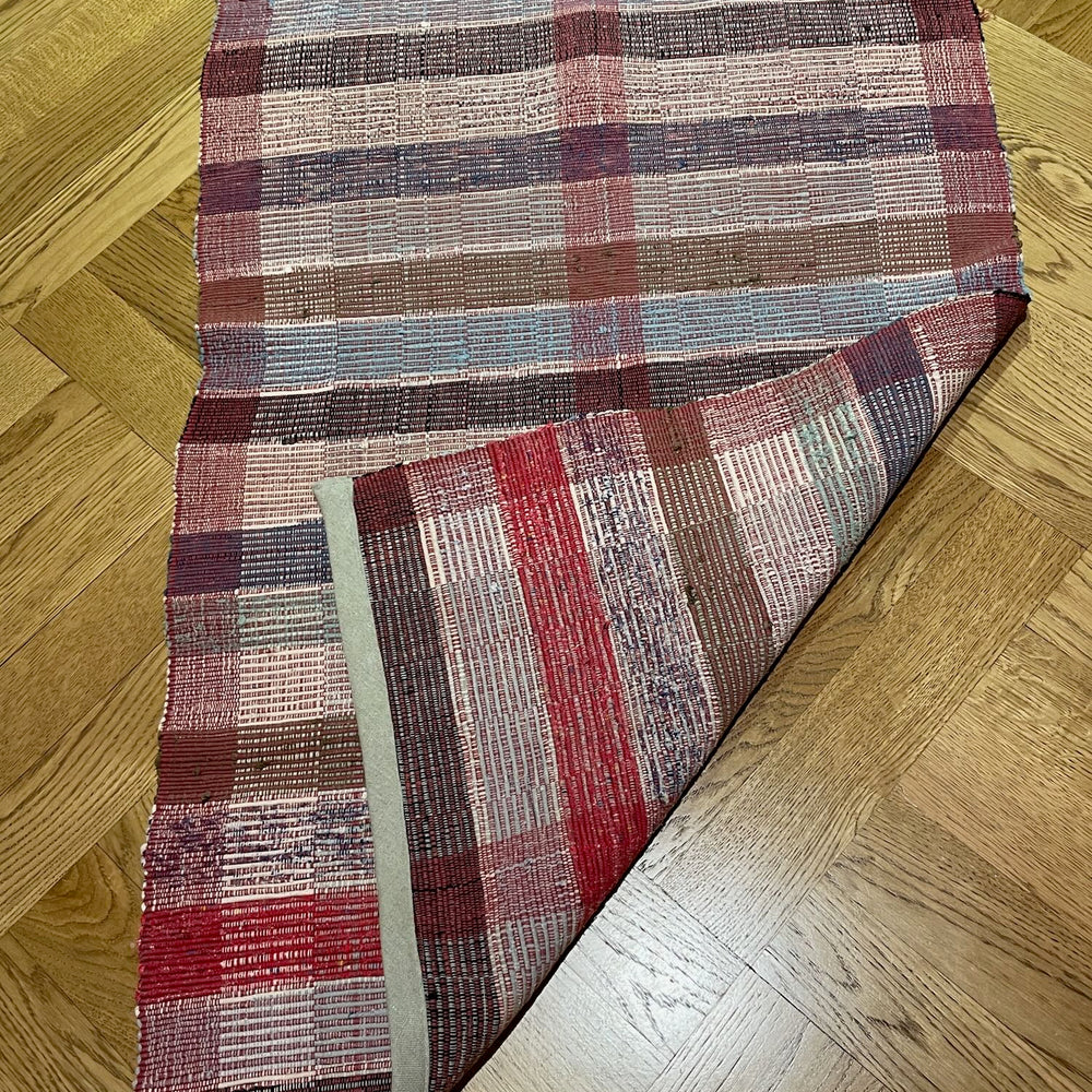 red blue brown check stripe cotton rag rug floor runner washable small bath mat kitchen  rustic