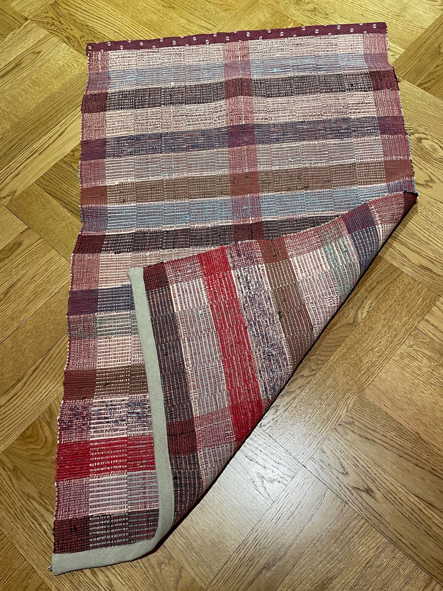 red blue brown check stripe cotton rag rug floor runner washable small bath mat kitchen  rustic