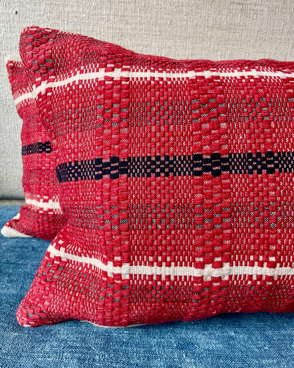 pair of red blue stripe cushions rectangular pillows for couch sofa bed small vintage textiles