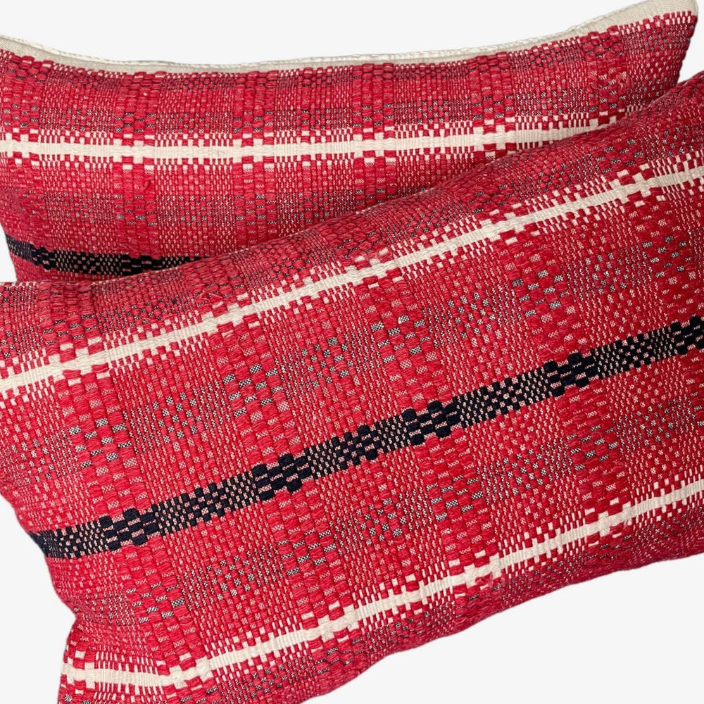 
                  
                    pair of red blue stripe cushions rectangular pillows for couch sofa bed small vintage textiles
                  
                