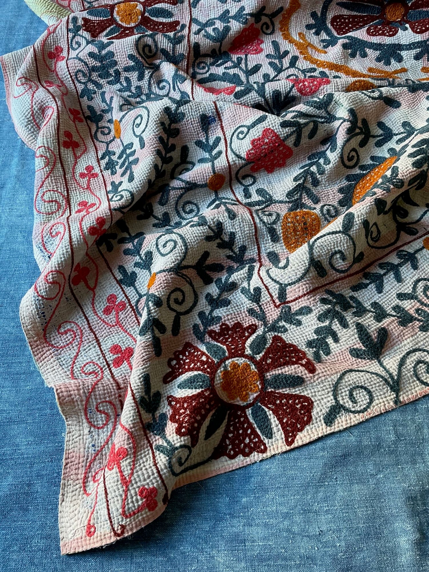 pink grey orange suzani kantha quilt throw bedspread comforter king sinlge washable embroidered