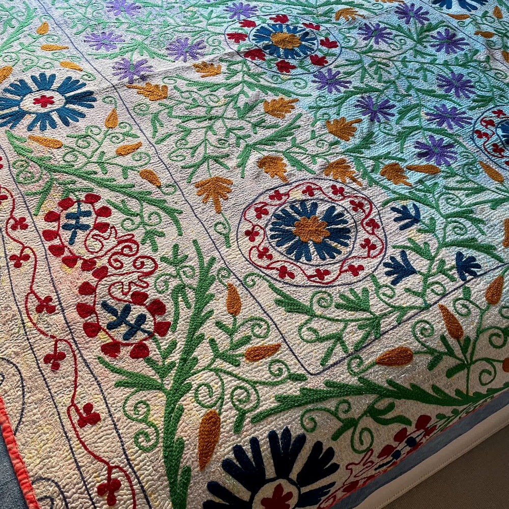 embroidered blue kantha sofa throw quilt comforter single double cotton washable large