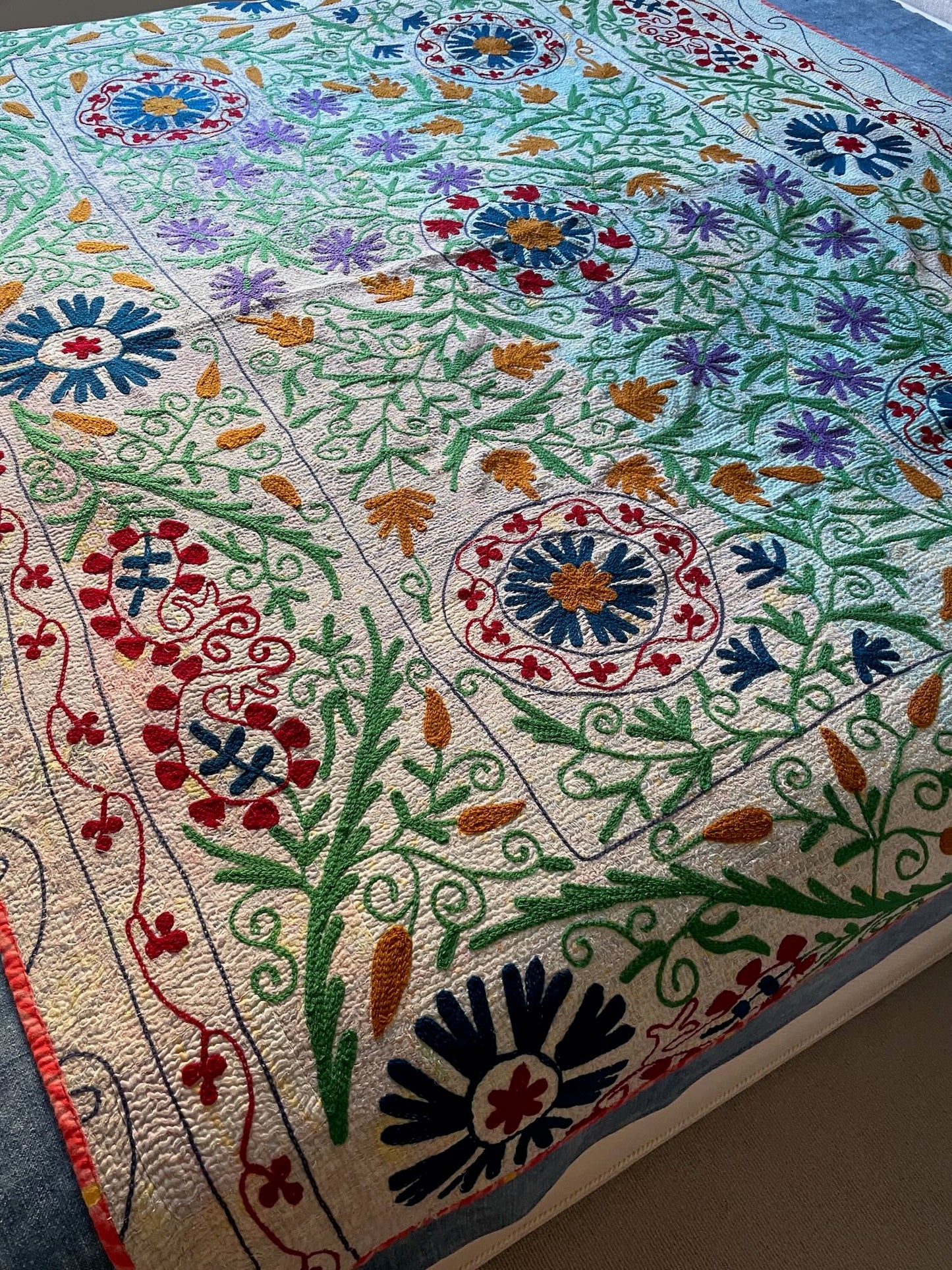 embroidered blue kantha sofa throw quilt comforter single double cotton washable large