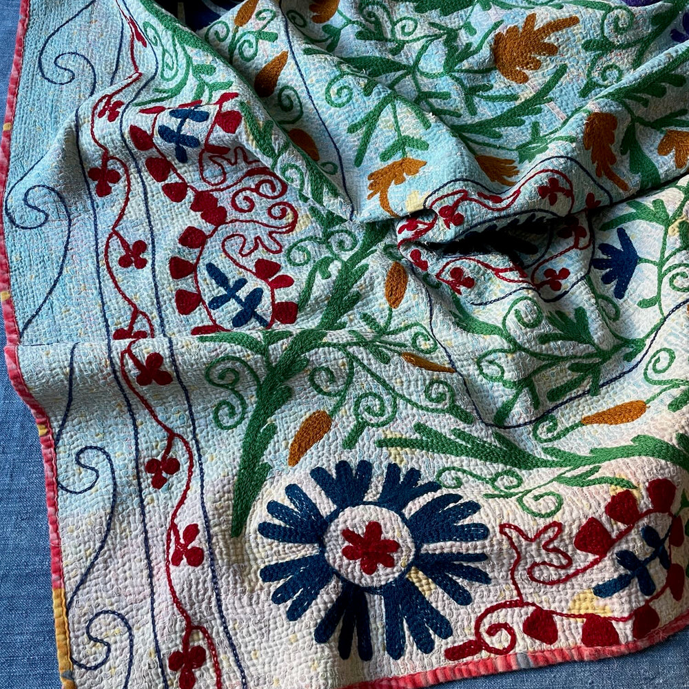 embroidered blue kantha sofa throw quilt comforter single double cotton washable large