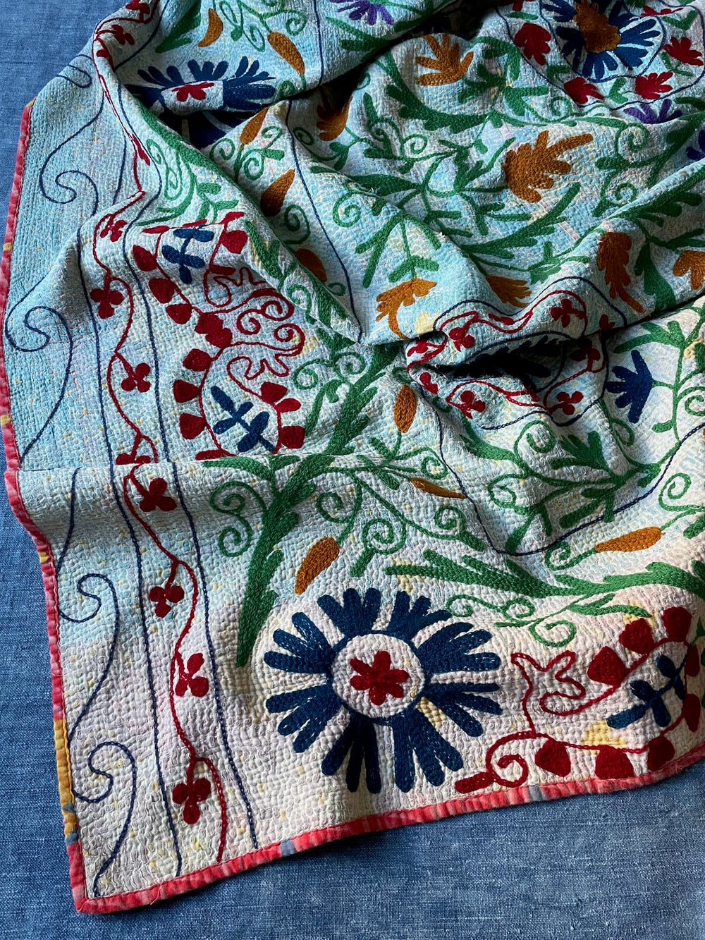 embroidered blue kantha sofa throw quilt comforter single double cotton washable large