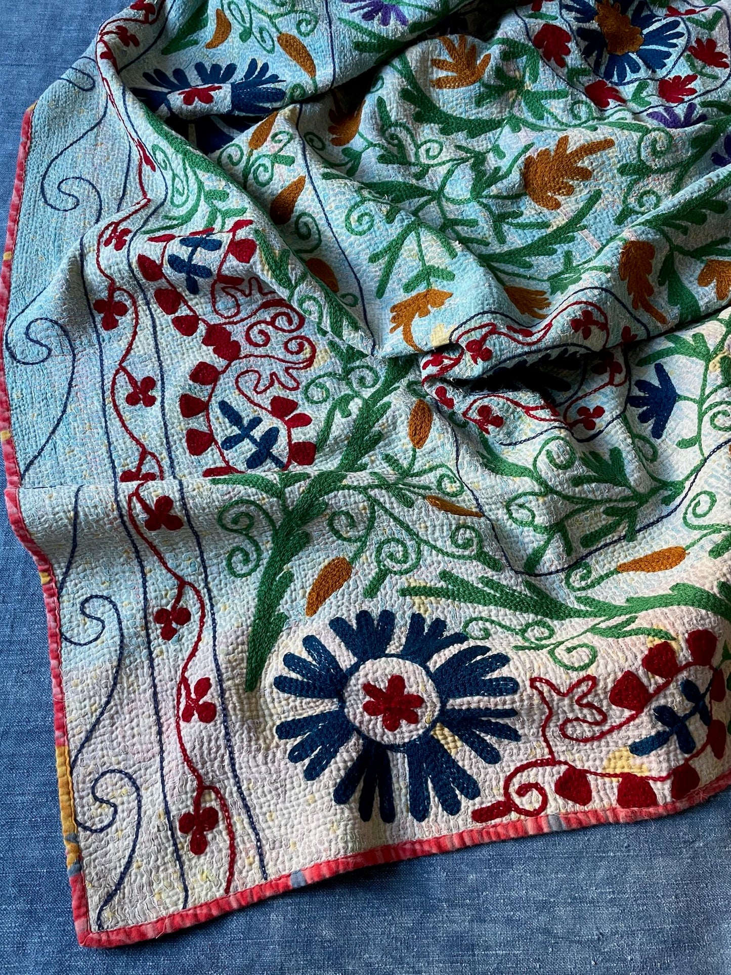 embroidered blue kantha sofa throw quilt comforter single double cotton washable large