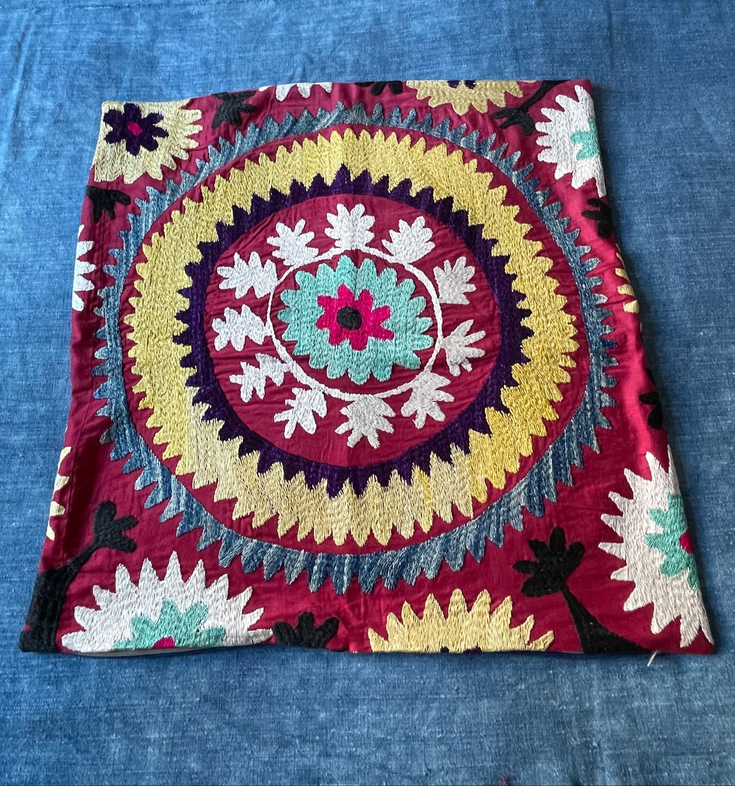 suzani cushion pillow large square boho uzbekistan embroidered hand made colourful red yellow