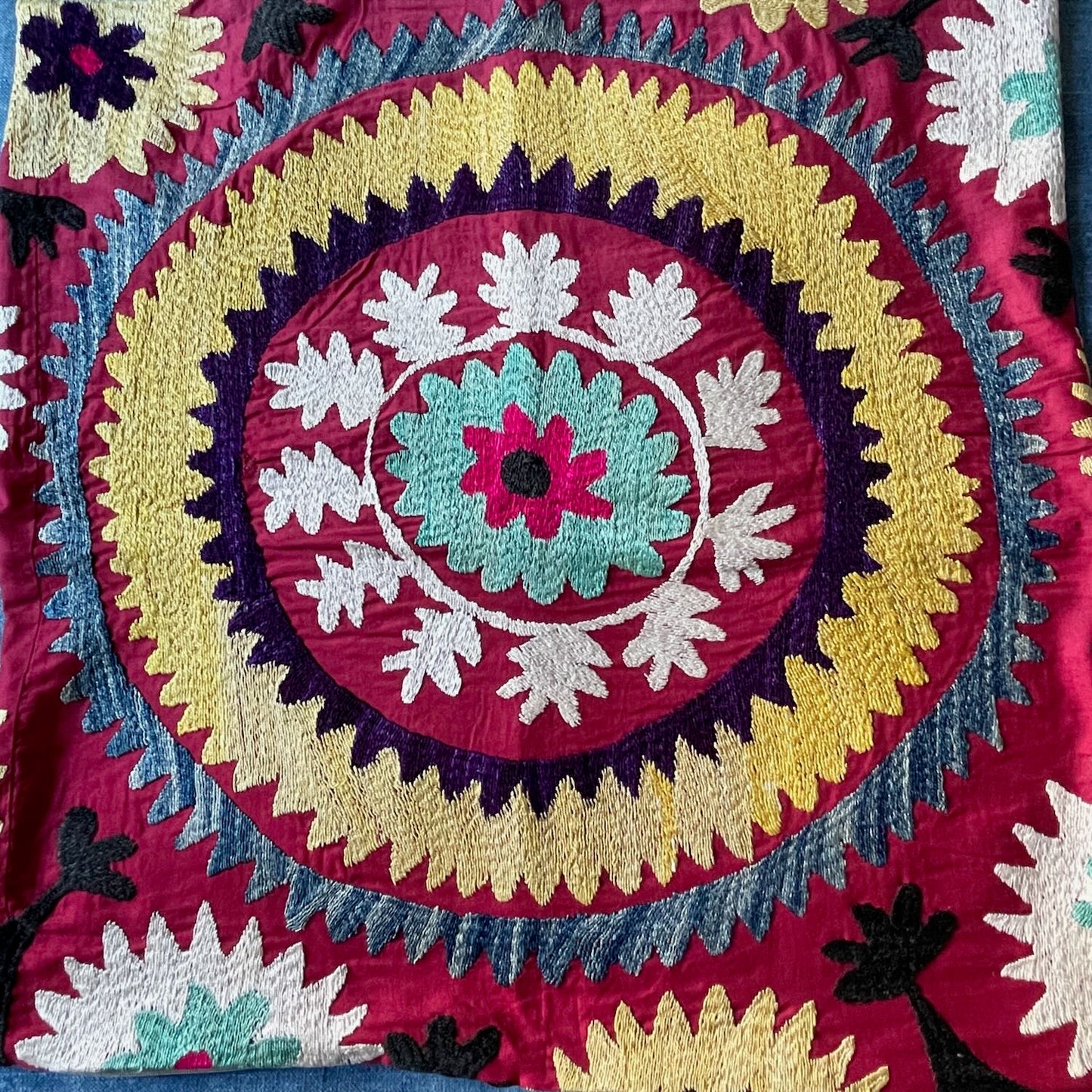 
                  
                    suzani cushion pillow large square boho uzbekistan embroidered hand made colourful red yellow
                  
                