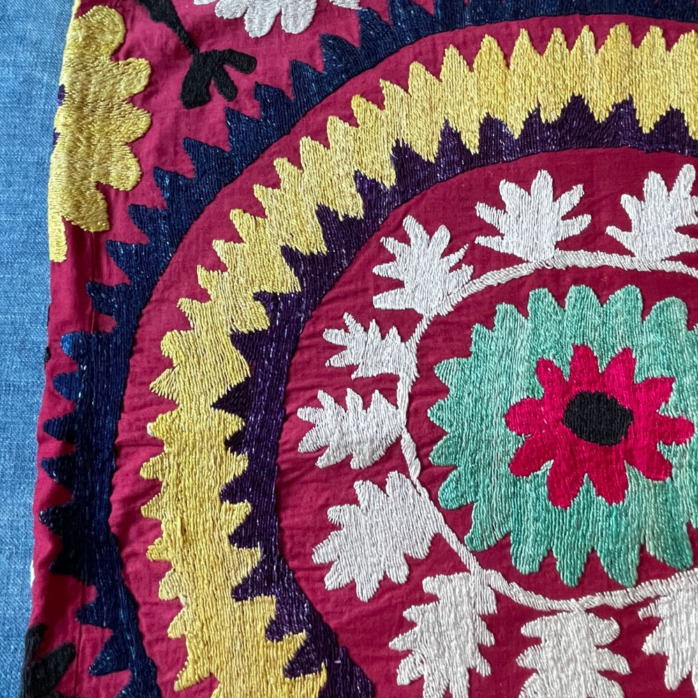 square cushion cover suzani pattern embroidered uzbekistan 60cm colourful red yellow