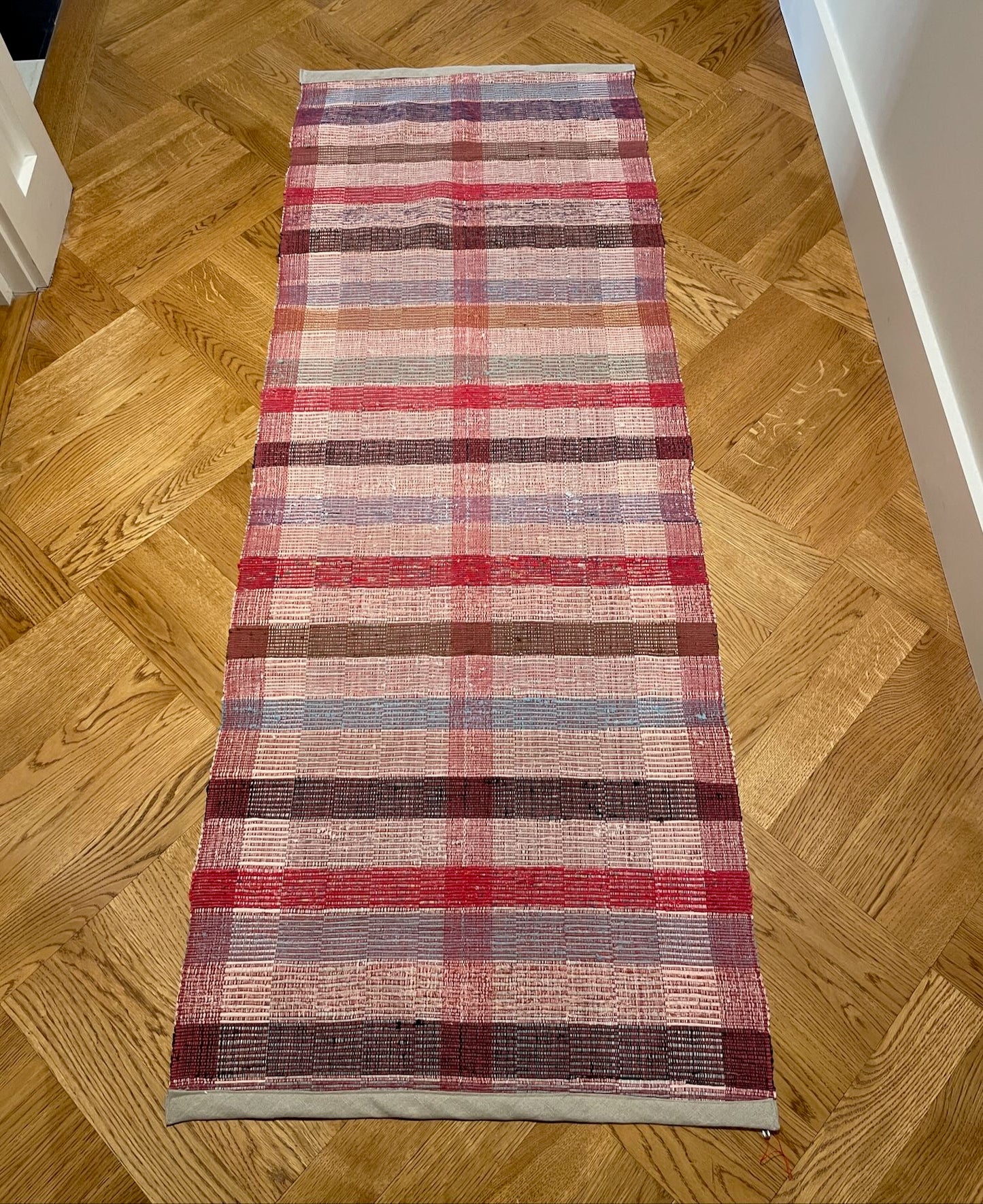 red blue brown stripe floor runner rag rug hall carpet corridor mat washable rustic vintage 