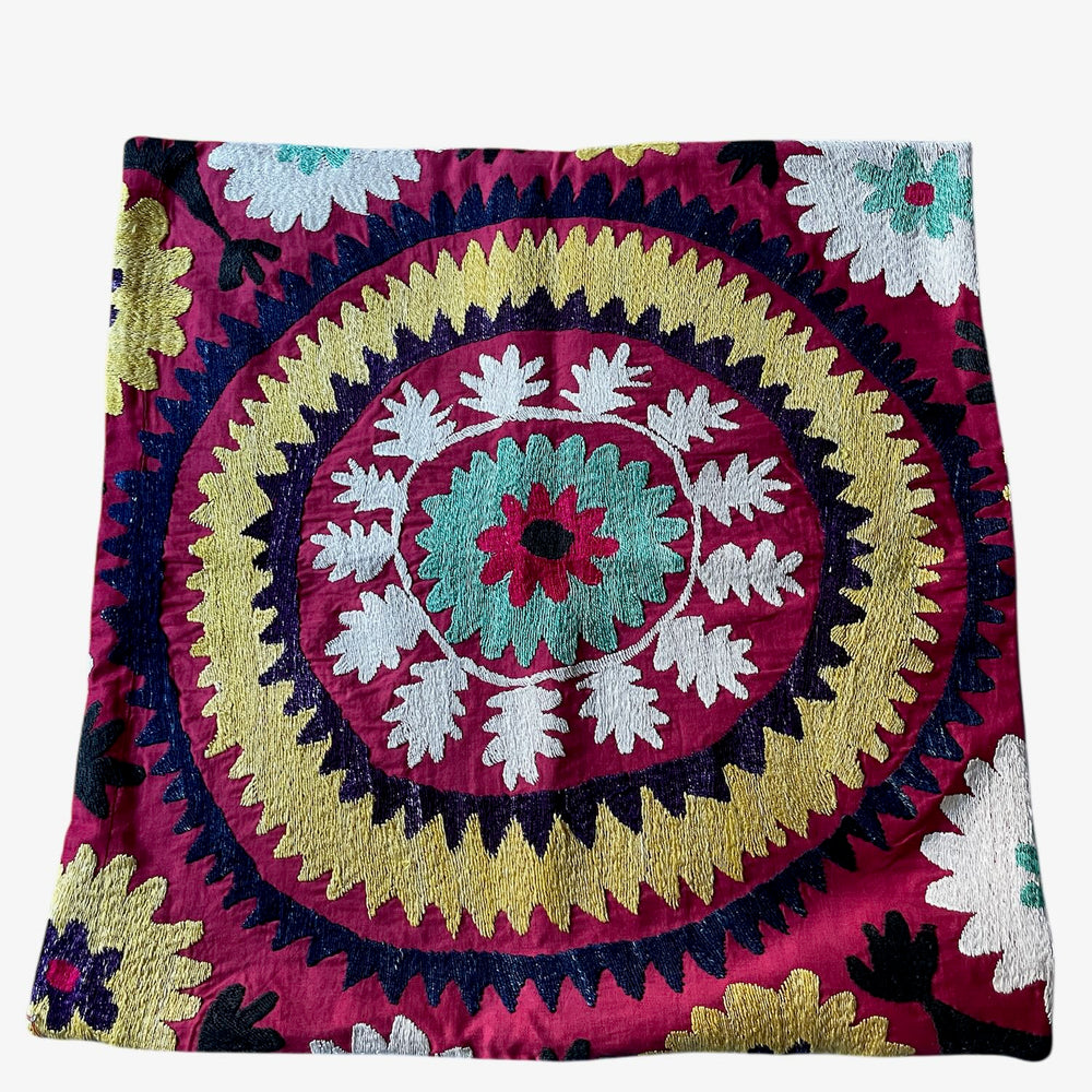square cushion cover suzani pattern embroidered uzbekistan 60cm colourful red yellow