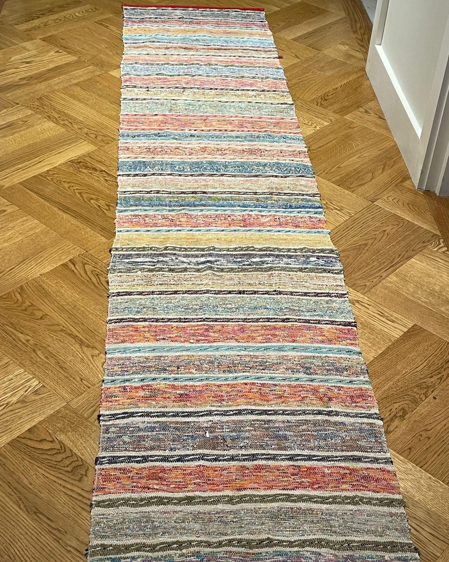 
                  
                    vintage floor runner hall carpet striped stair runner cotton 6 metres long blue orange yellow 
                  
                