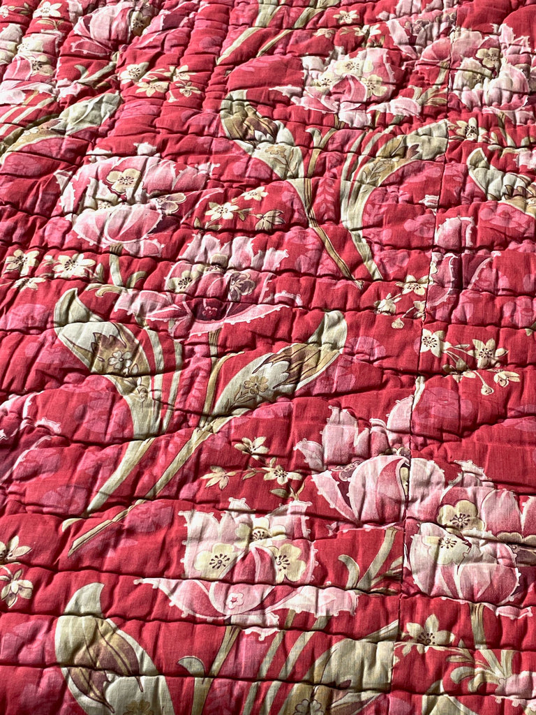 antique french quilt red tulip pique coverlet warm comforter rare textile single double bedspread