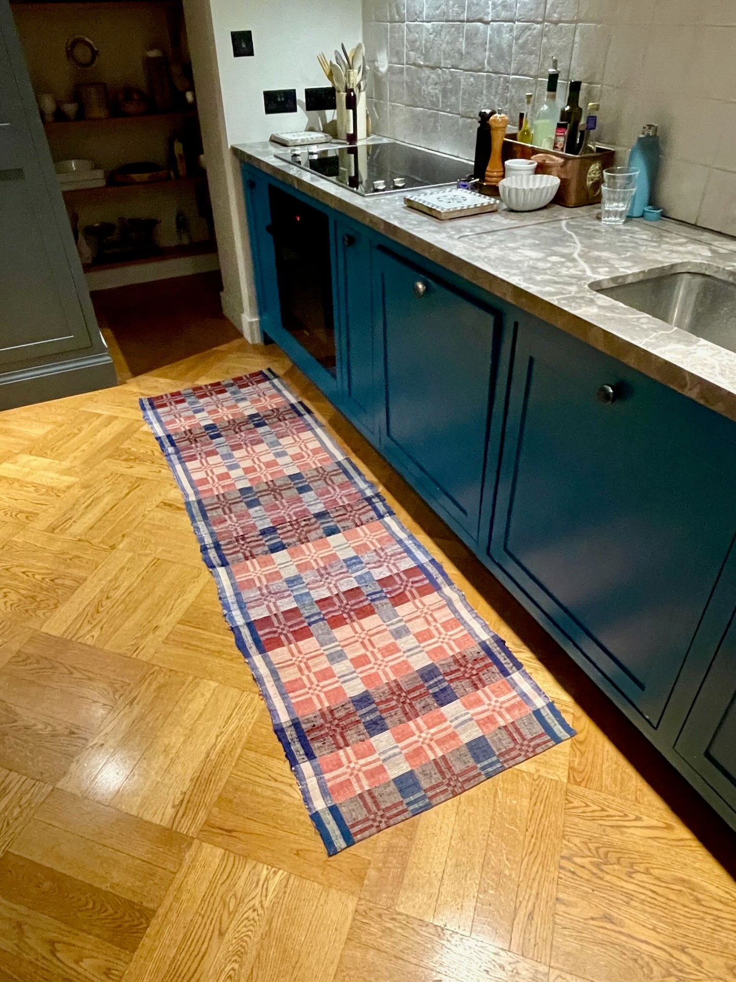 blue red grey floor runner geometric rips rug cotton washable floor mat kitchen vintage trasmatta