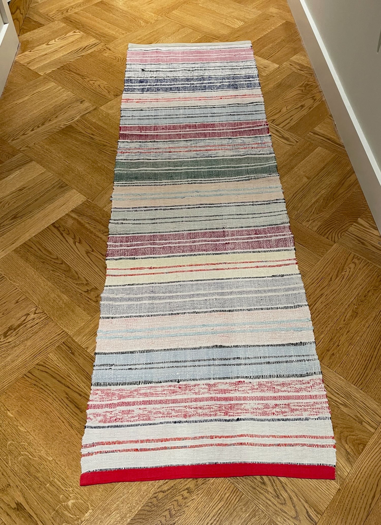 pink blue yellow stripe rag rug floor runner cotton washable vintage narrow trasmatta kitchen hall