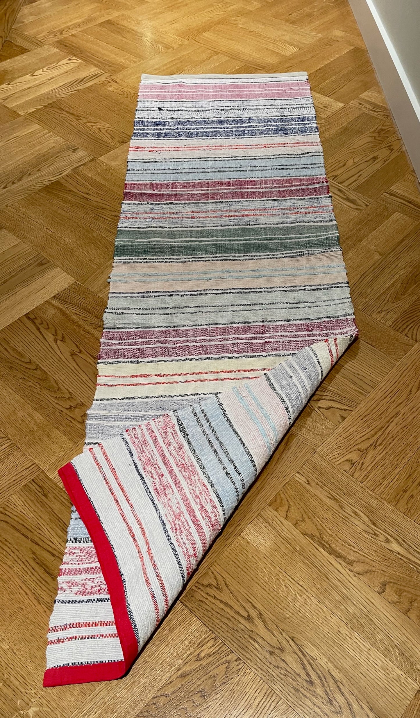 pink blue yellow stripe rag rug floor runner cotton washable vintage narrow trasmatta kitchen hall