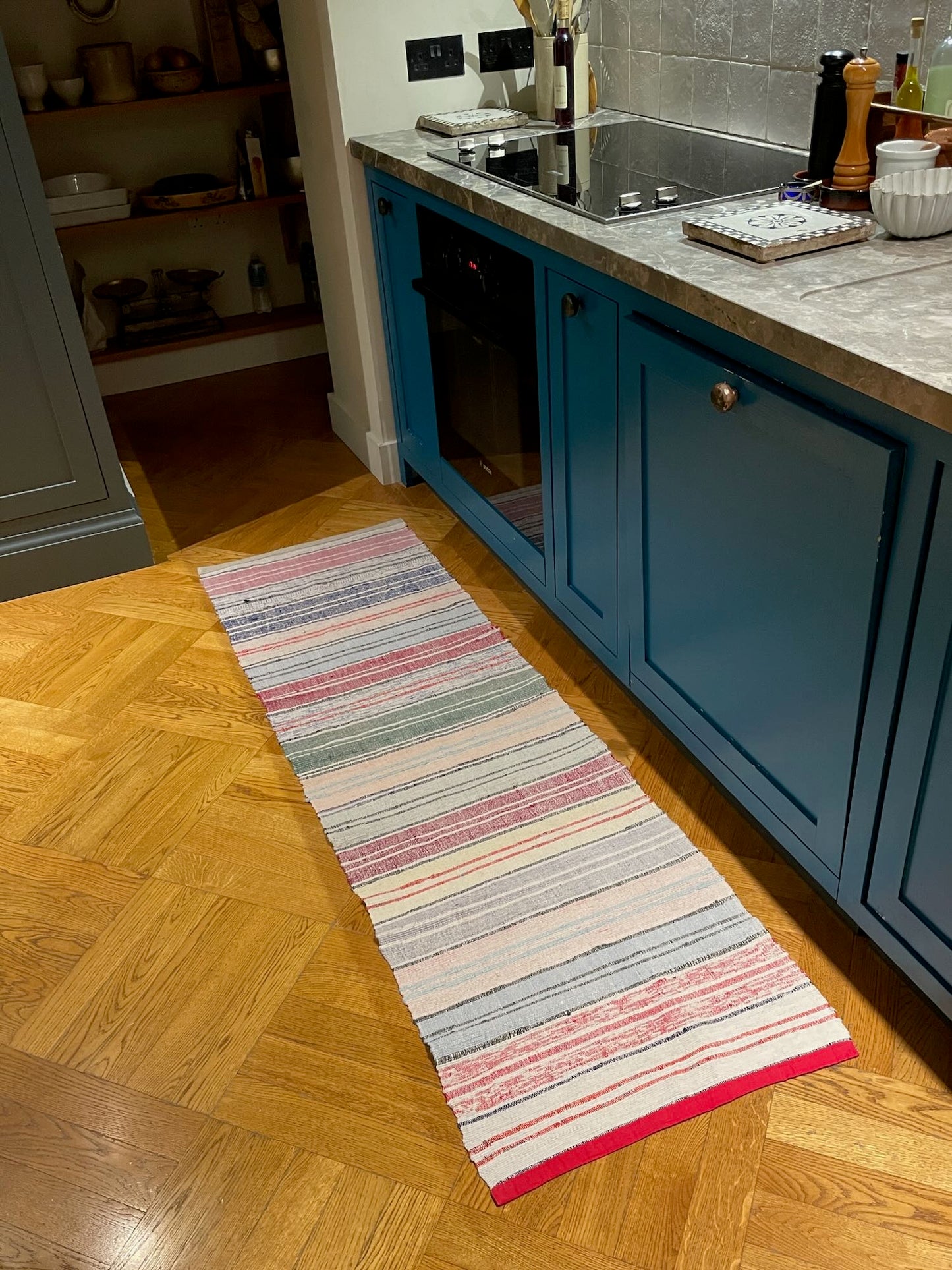 
                  
                    pink blue yellow stripe rag rug floor runner cotton washable vintage narrow trasmatta kitchen hall
                  
                