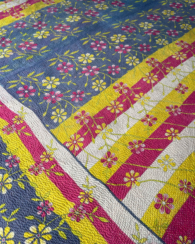 grey yellow pink daisy patterned kantha quilt cotton bedspread large sofa throw handmade washable