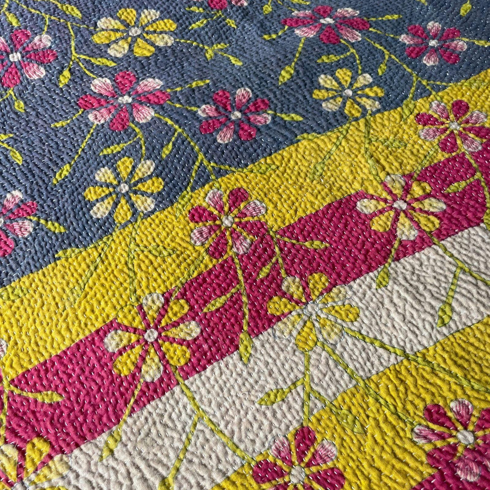 
                  
                    grey yellow pink daisy patterned kantha quilt cotton bedspread large sofa throw handmade washable
                  
                