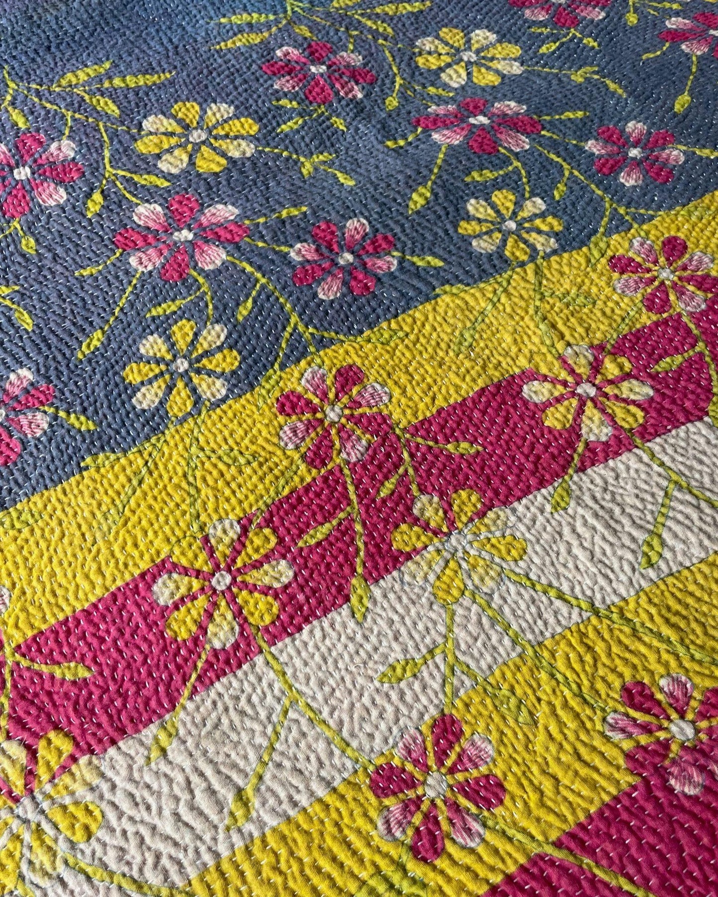 
                  
                    grey yellow pink daisy patterned kantha quilt cotton bedspread large sofa throw handmade washable
                  
                