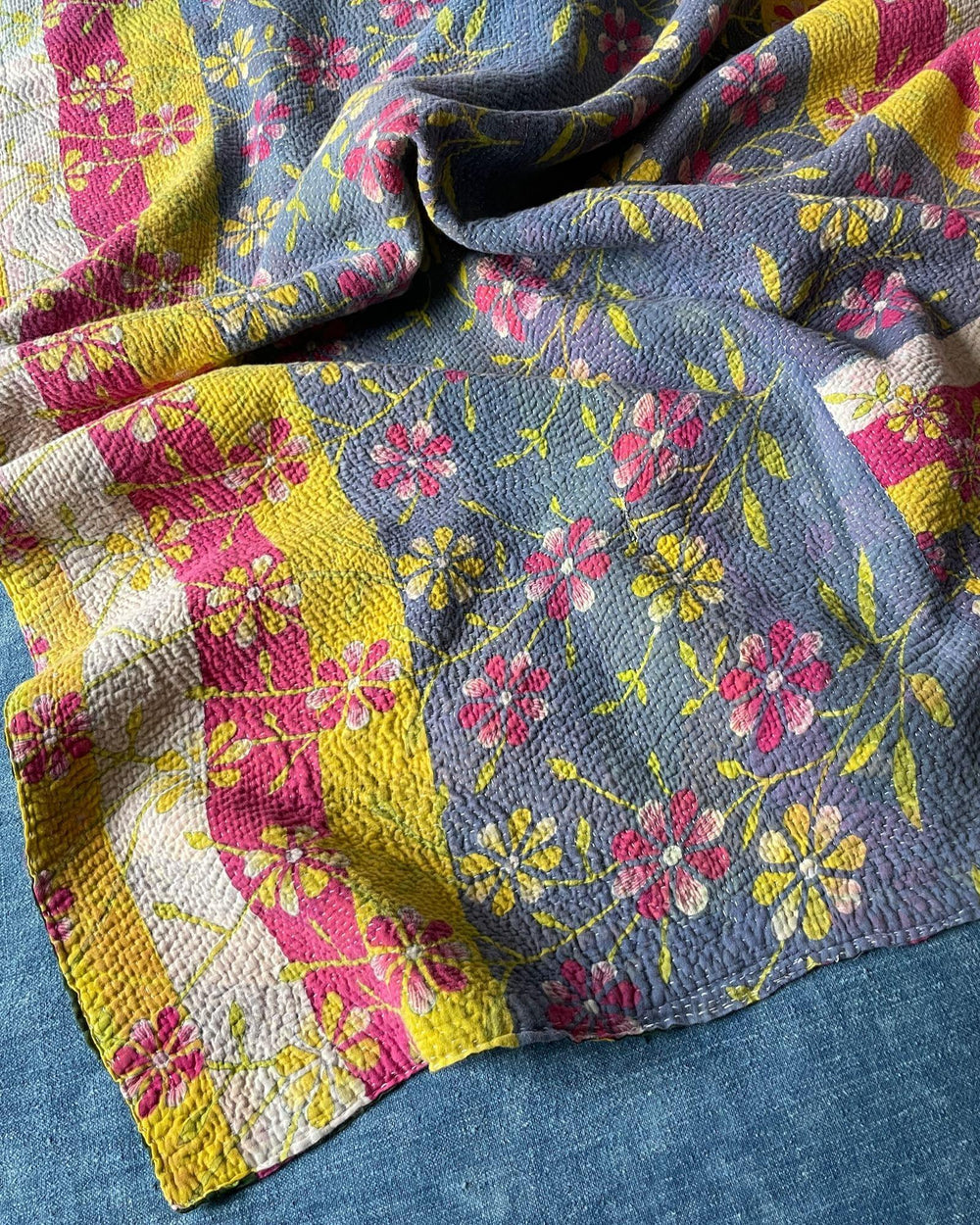 grey yellow pink daisy patterned kantha quilt cotton bedspread large sofa throw handmade washable