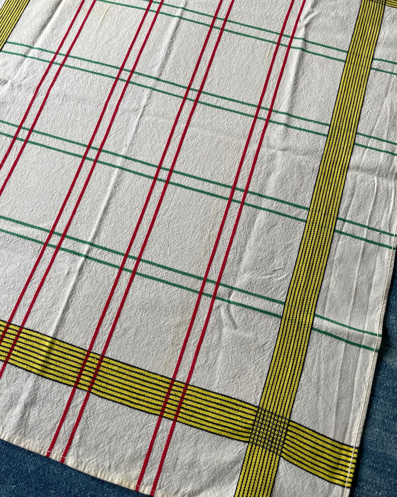  6 napkins cotton serviettes cream with red yellow and green checks and stripes vintage french linen