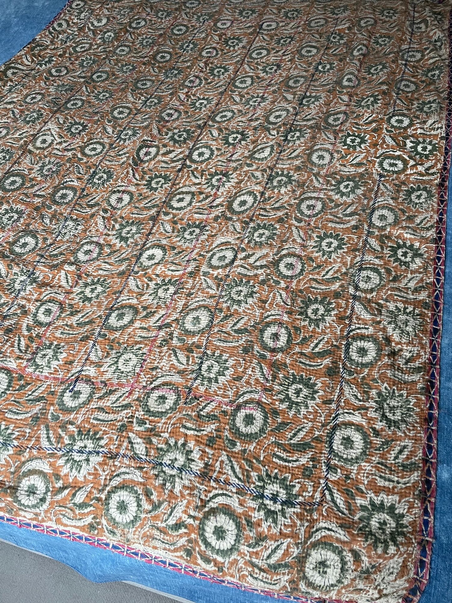 brown green block print sofa throw cotton comforter blanket quilt hand made kantha washable small