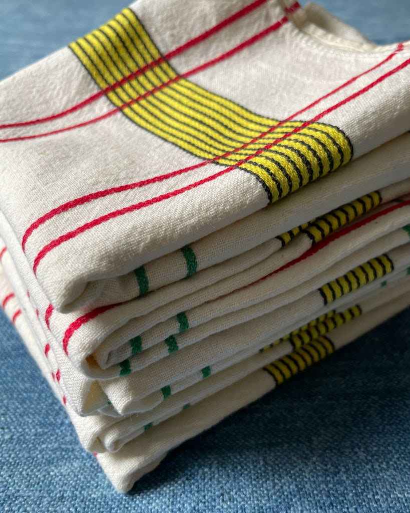  6 napkins cotton serviettes cream with red yellow and green checks and stripes vintage french linen