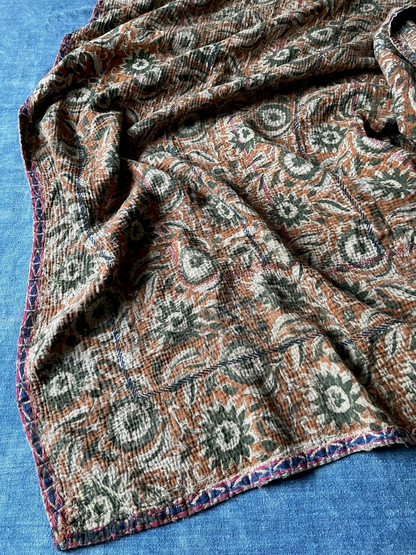 brown green block print sofa throw cotton comforter blanket quilt hand made kantha washable small
