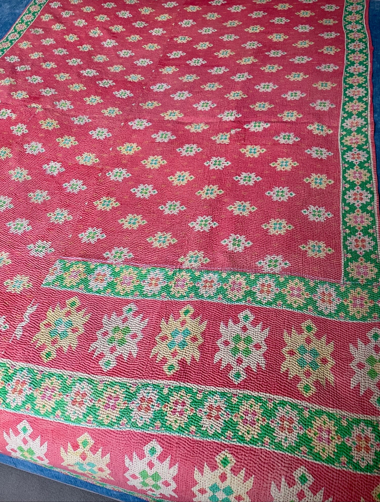 coral red pink green kantha quilt sofa throw cotton comforter bedspread washable single 
