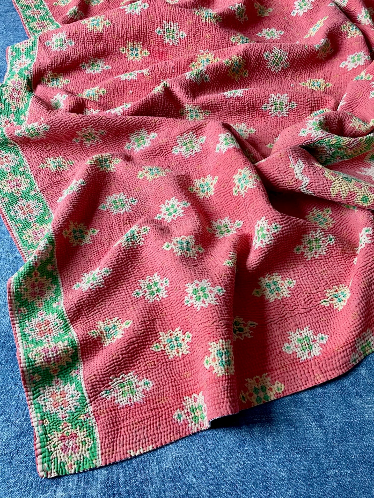 coral red pink green kantha quilt sofa throw cotton comforter bedspread washable single 