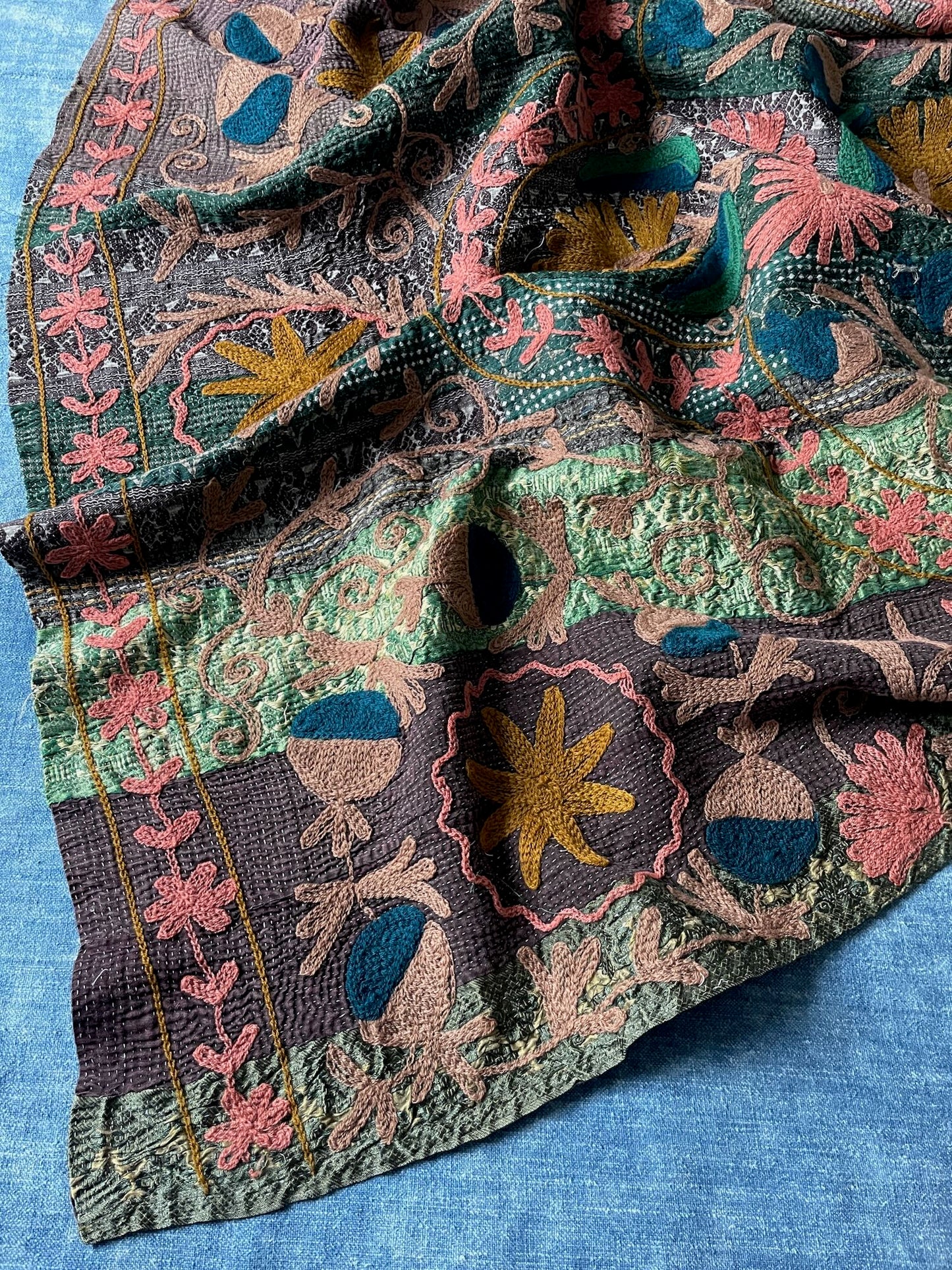 green pink blue suzani quilt sofa throw kantha bedspread small single double washable cotton