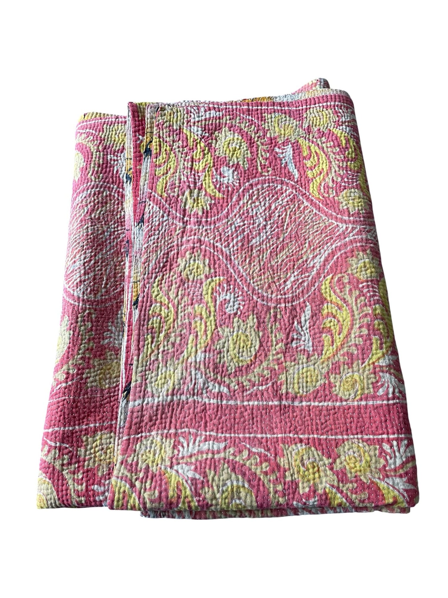 
                  
                    pretty soft red yellow pink cotton bedspread hand stitched kantha quilt single double comforter uk 
                  
                