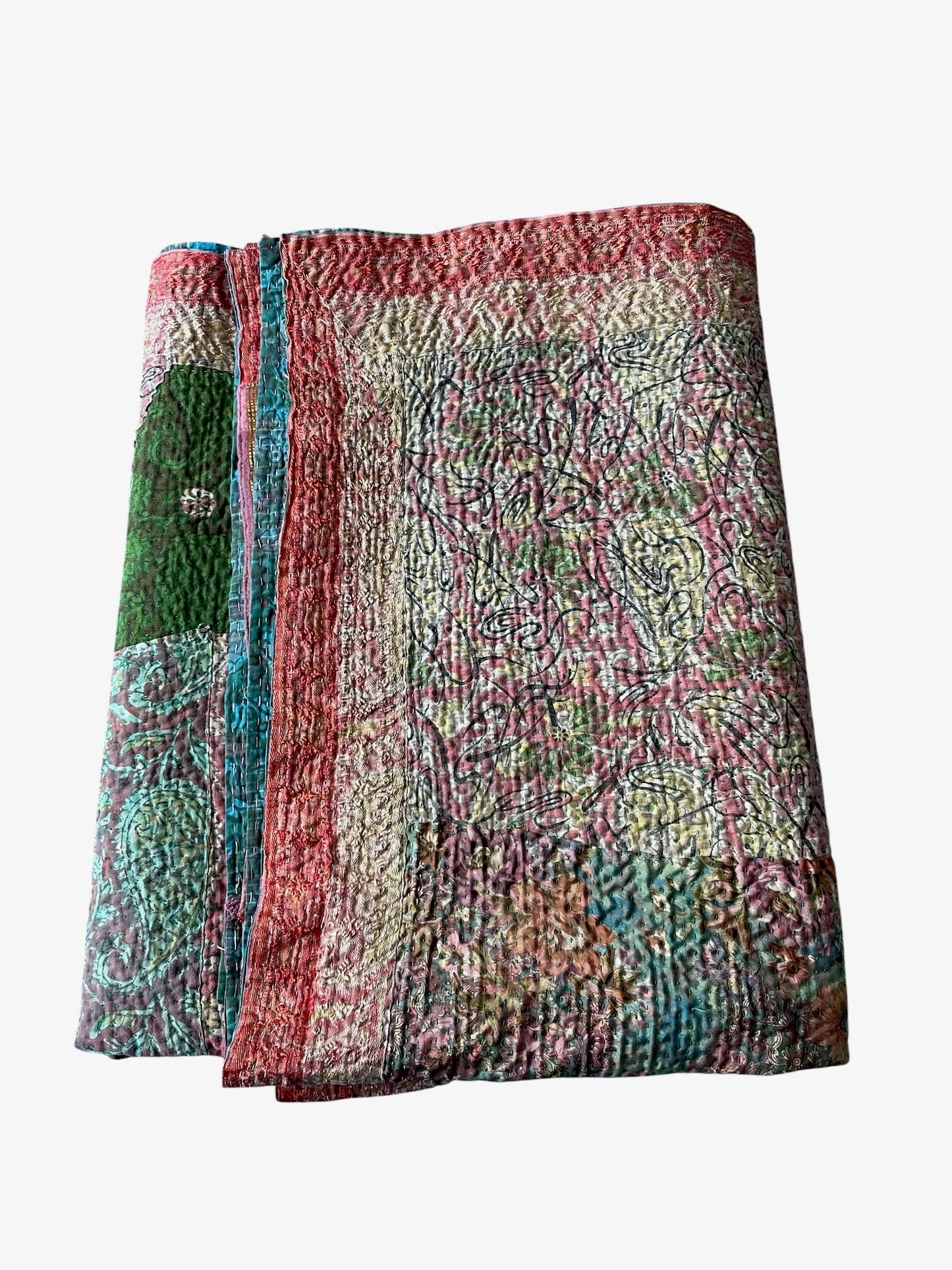 
                  
                    green pink terracotta patchwork quilt kantha bedspread single double cotton hand stitched comforter 
                  
                