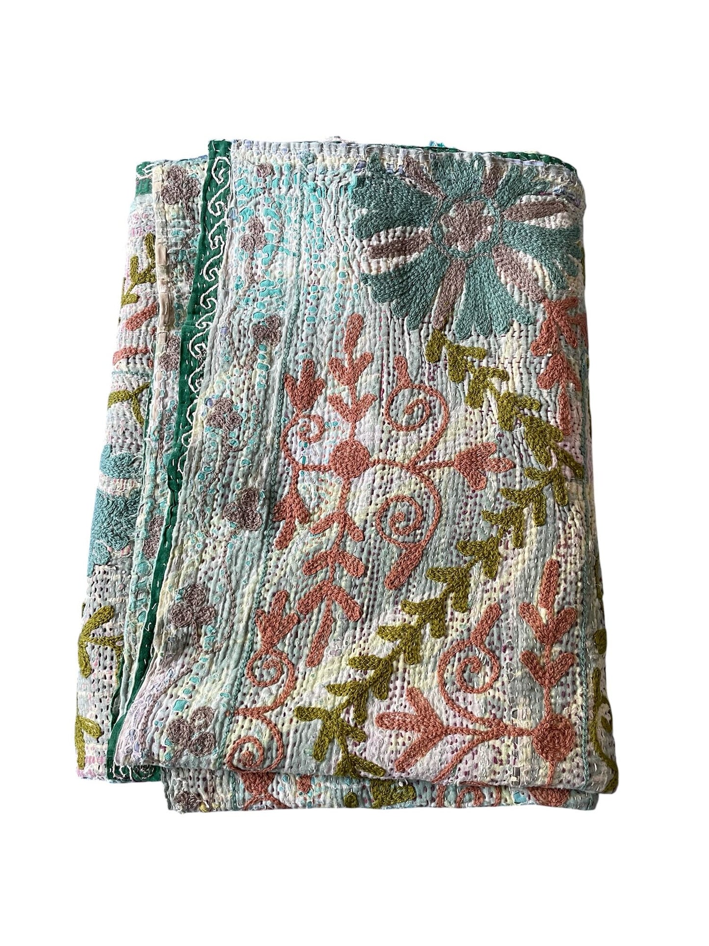 
                  
                    pale blue green embroidered suzani style throw quilt kantha bedspread hand stitched washable single
                  
                