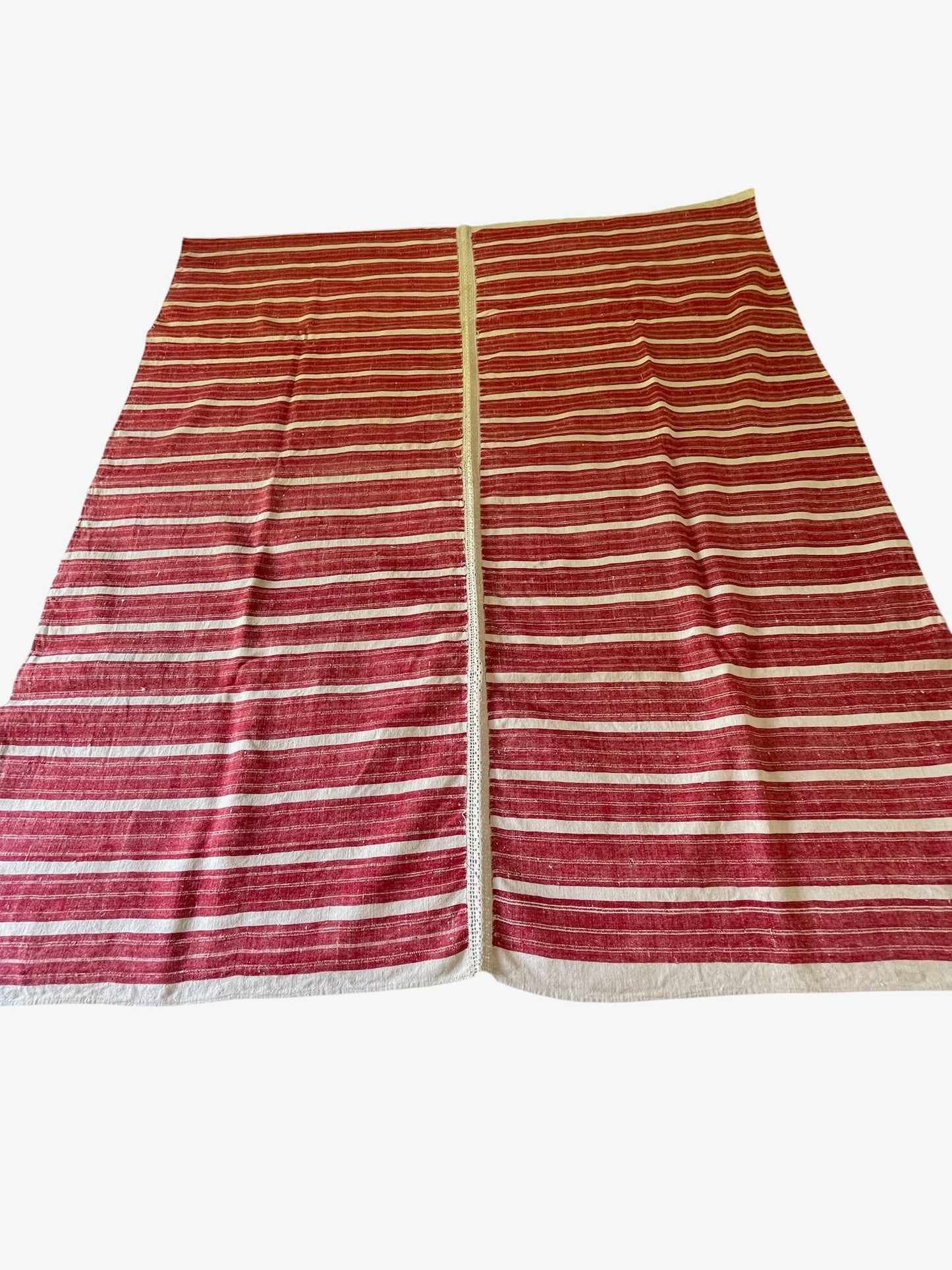 
                  
                    red white stripe woven fabric for upholstery or sewing projects. East European folk textile rustic.
                  
                