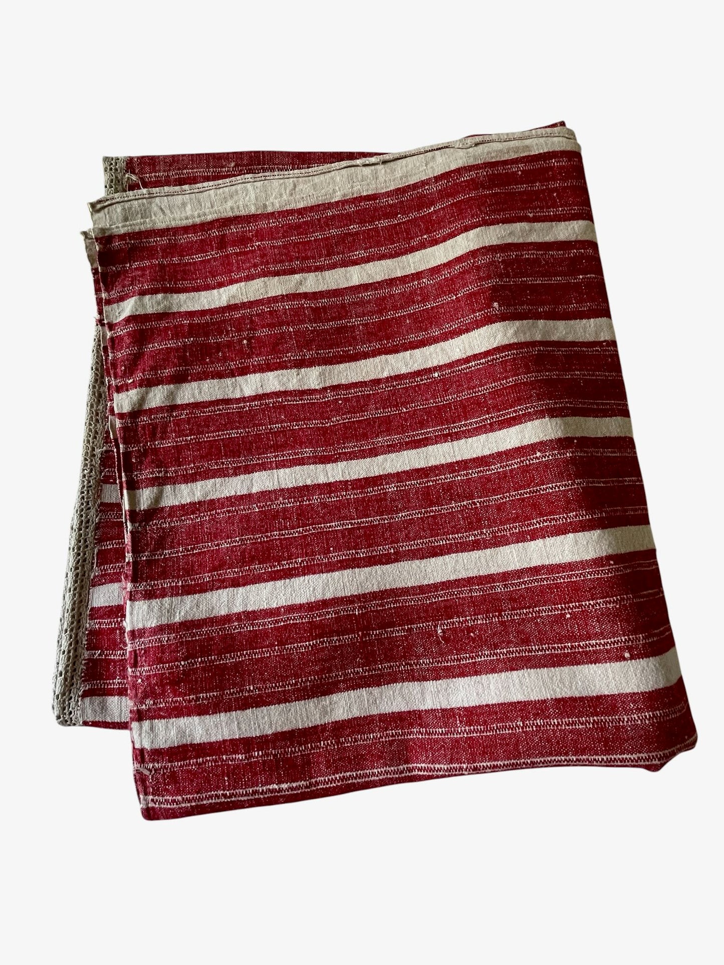 
                  
                    red white stripe woven fabric for upholstery or sewing projects. East European folk textile rustic.
                  
                
