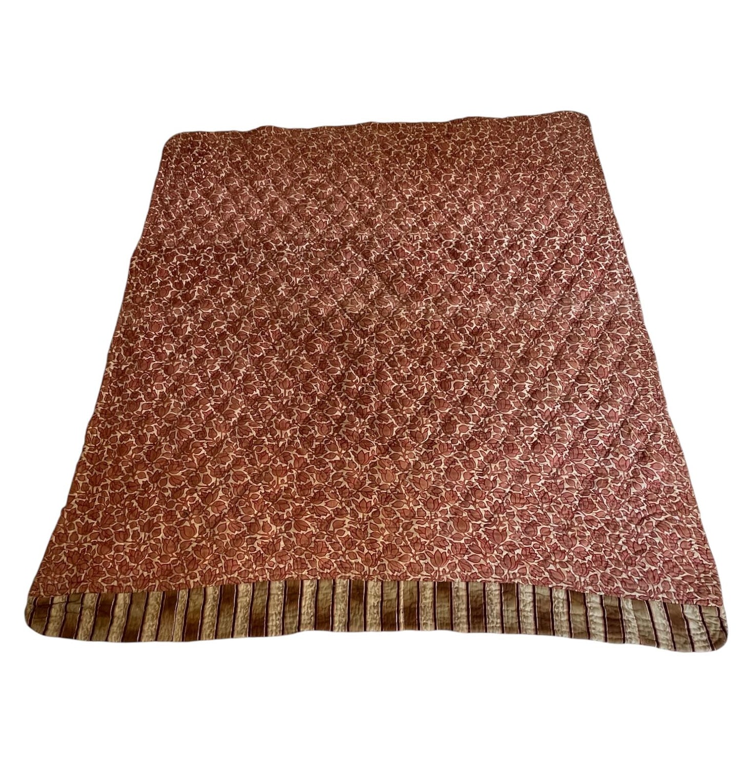 pink red brown floral antique french quilt provencal pique small cotton bedcover hand stitched