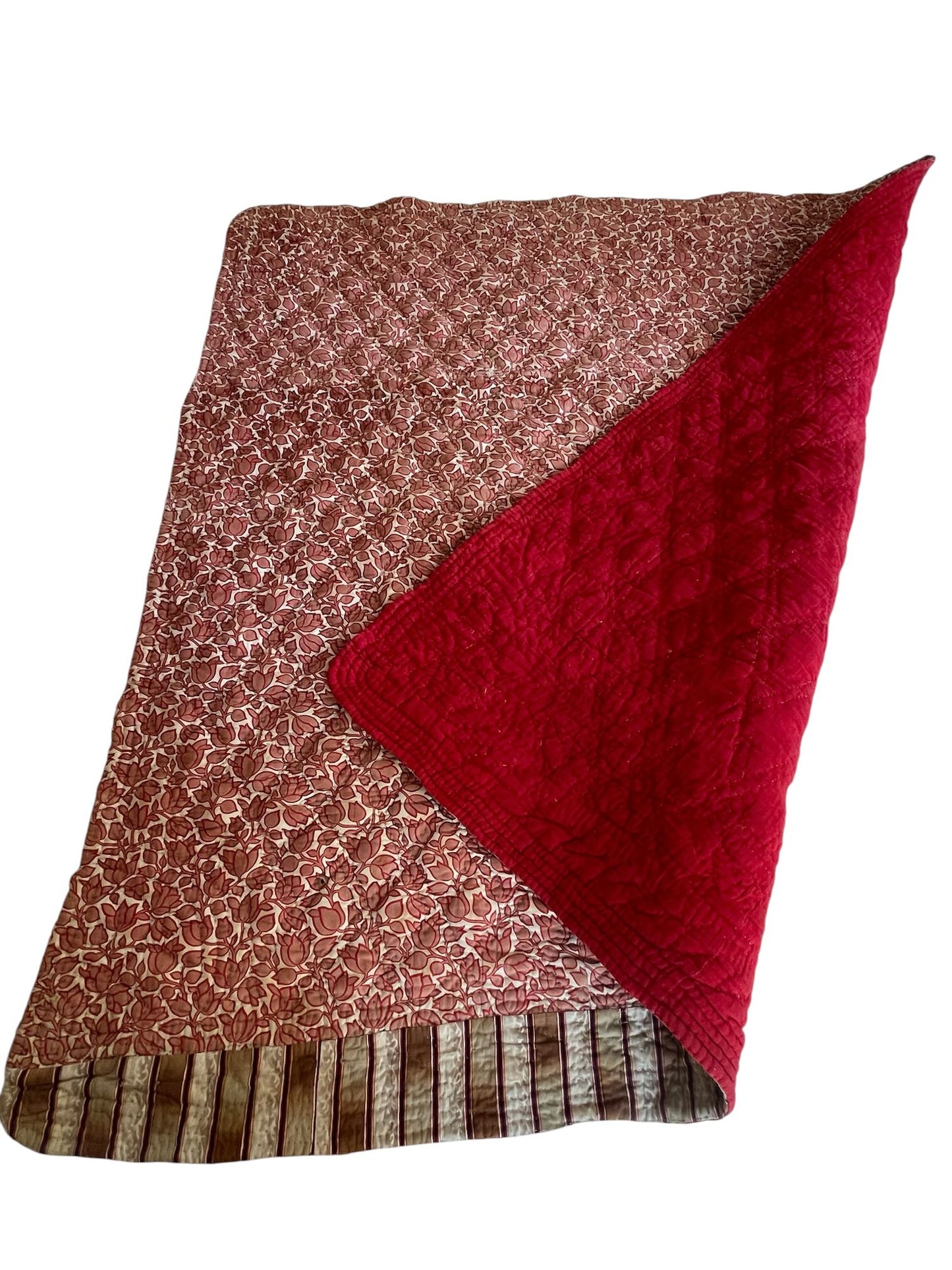 
                  
                    pink red brown floral antique french quilt provencal pique small cotton bedcover hand stitched
                  
                