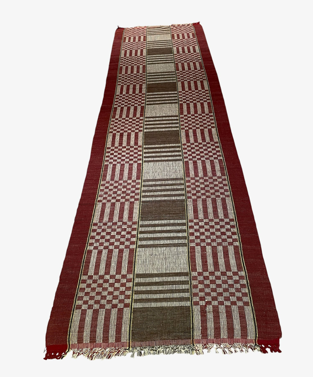 
                  
                    deep red brown cream floor runner in cotton washable entry way mat vintage rag rug geometric pattern
                  
                