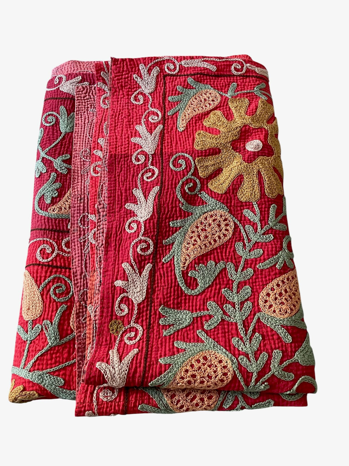 
                  
                    red pink grey suzani quilt lovely embroidered bedspread sofa throw or wall hanging washable cotton
                  
                