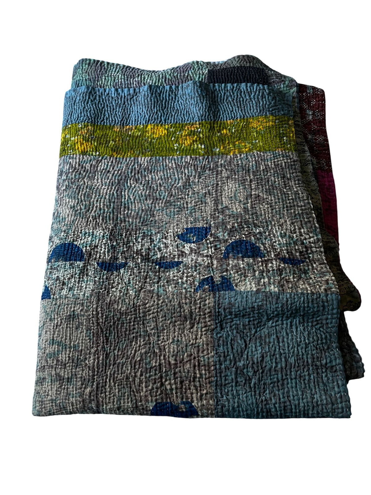 
                  
                    large patchwork quilt blockprinted in blue grey and green panels kantha sofa throw washable
                  
                
